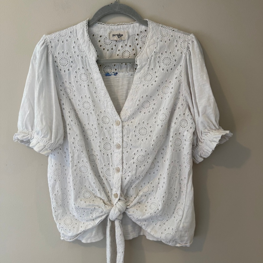 Porridge Anthropologie Clothing White Eyelet Lace Front Tie‎ Button Down Blouse
